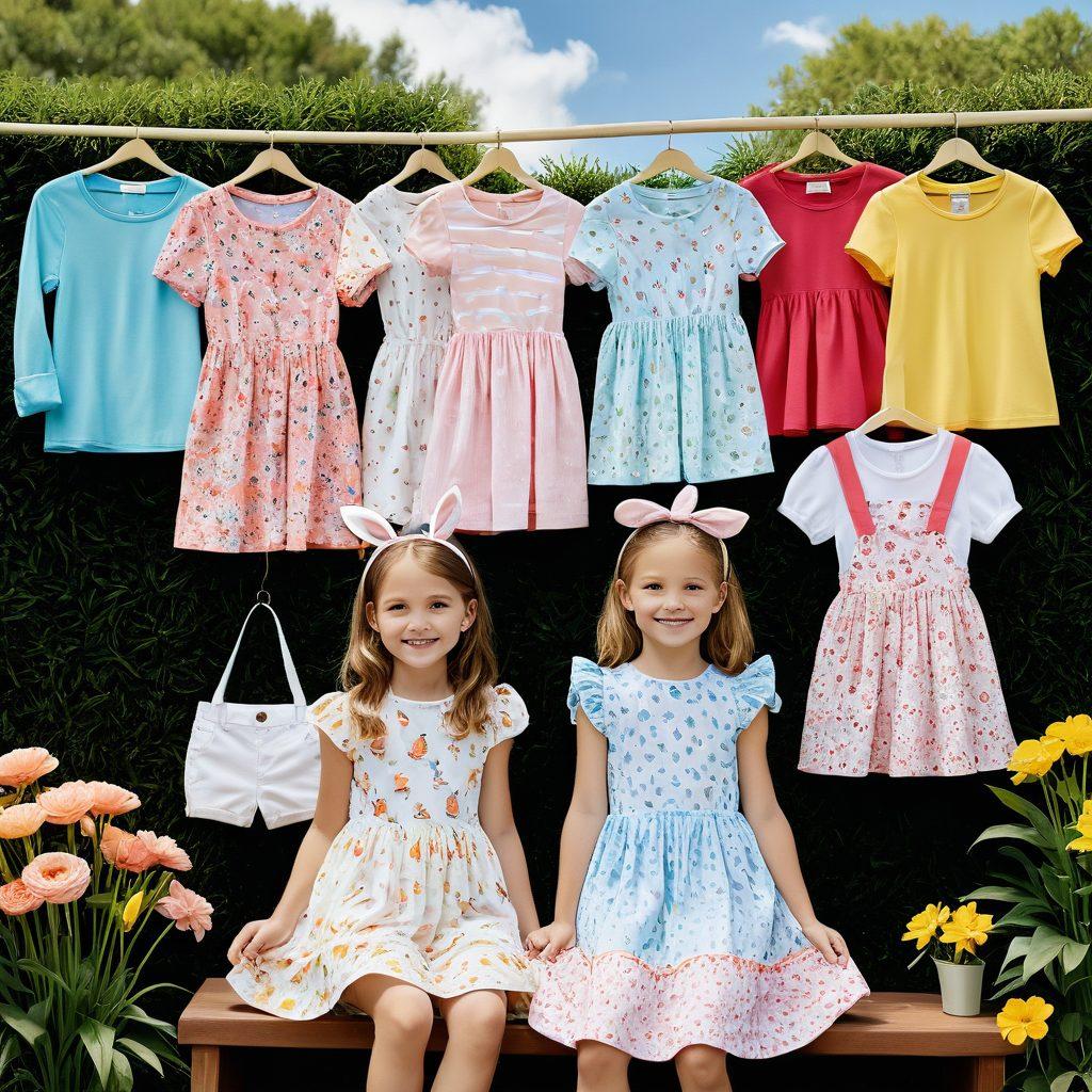 A stylish summer wardrobe display featuring adorable bunny-themed clothing items, such as pastel-colored dresses, cute rabbit print t-shirts, and accessories like bunny ear headbands. Include a sunny outdoor setting with vibrant flowers and playful rabbits frolicking around, emphasizing a cheerful and fashionable vibe. The scene should evoke a sense of fun and whimsy perfect for summer. vibrant colors. super-realistic. sunny background.